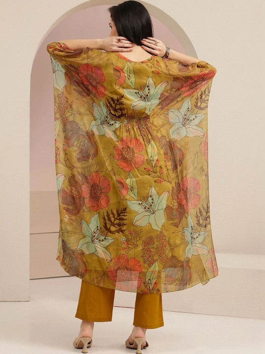 Mustard Floral Printed 3 Piece Chiffon Kaftan Kurta Set