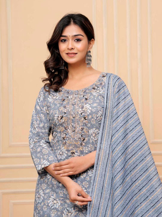 Floral Embroidered Sequinned Round Neck Pure Cotton Kurta With Trousers & Dupatta