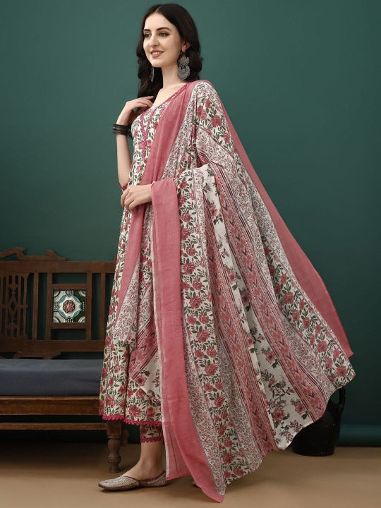 Floral Printed Pure Cotton Anarkali Kurta With Trousers & Dupatta