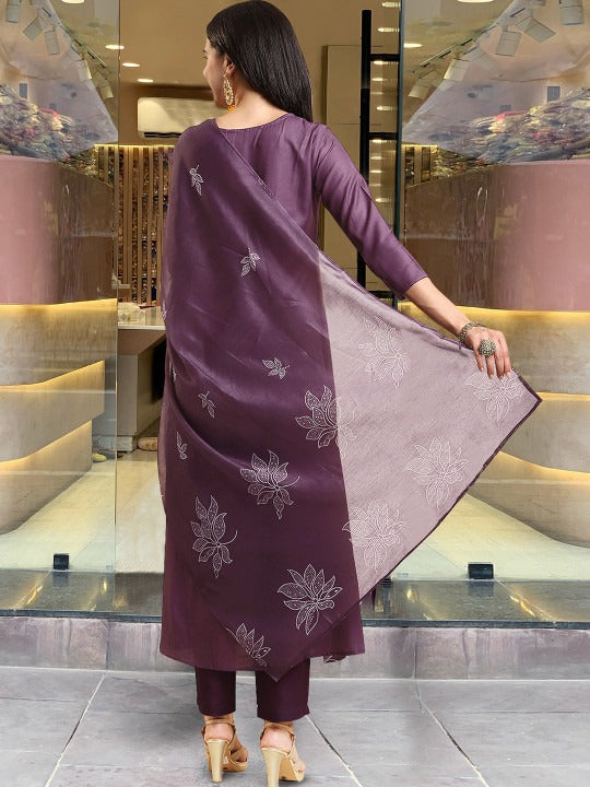Maroon Printed Kurta with Trousers with Dupatta
