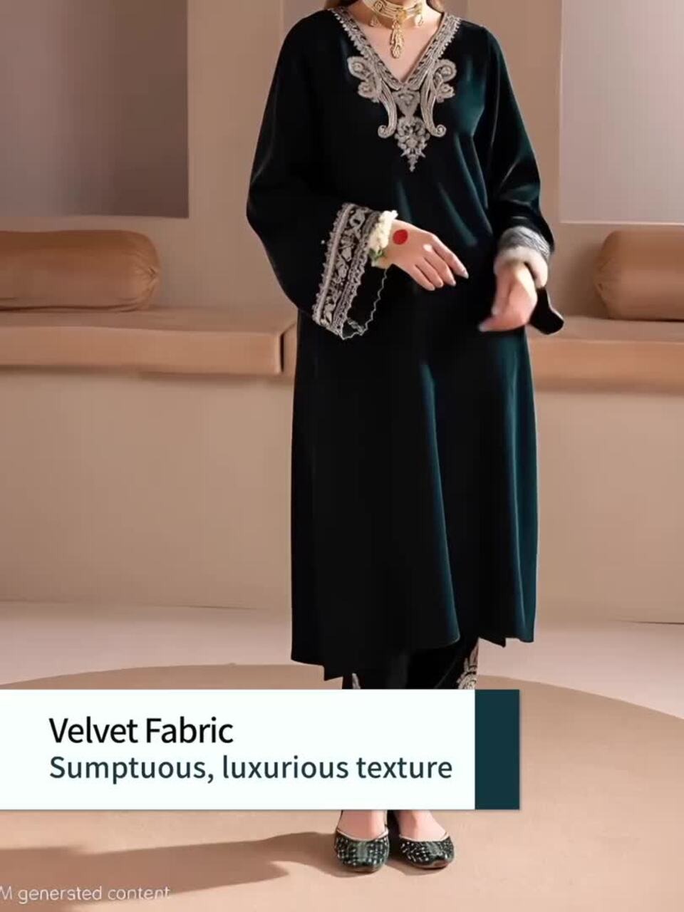 Floral Embroidered V Neck Zari Velvet Kurta With Trousers & Dupatta