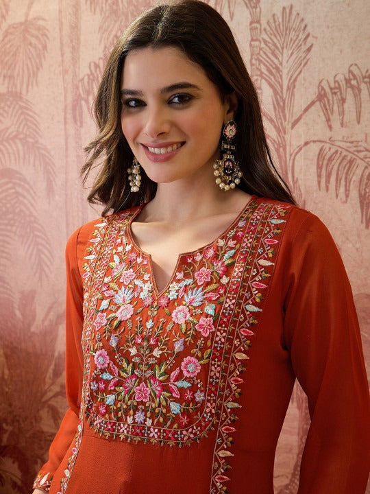 Embroidered Round Neck Kurta & Palazzos