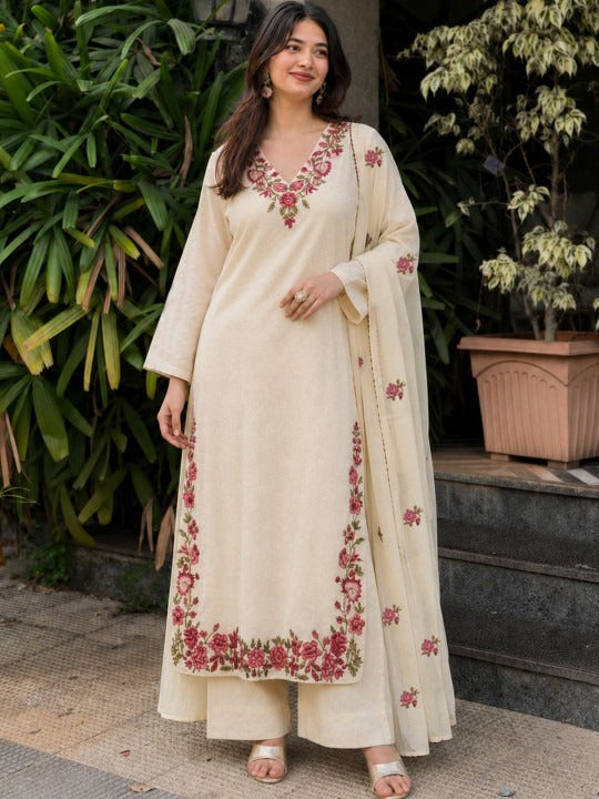 Women Floral Embroidered Regular Thread Work Kurta with Palazzos & With Dupatta