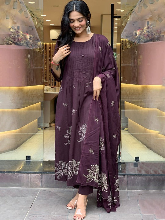 Maroon Printed Kurta with Trousers with Dupatta