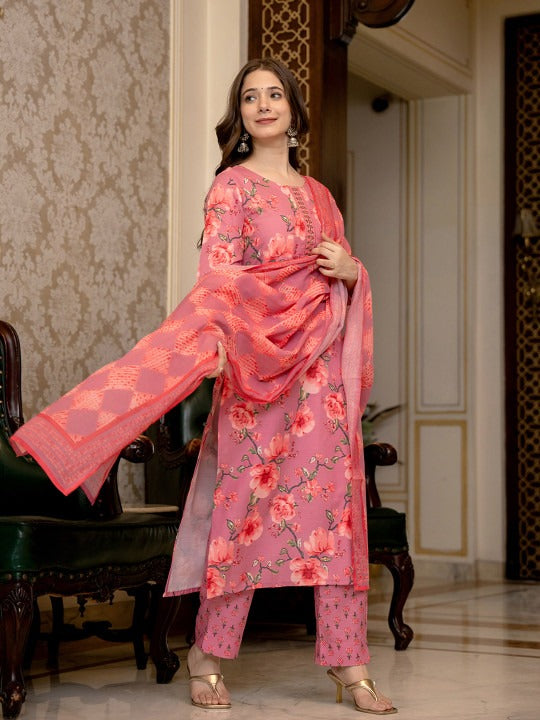 Floral Printed Mirror Work Straight Kurta With Trousers & Dupatta