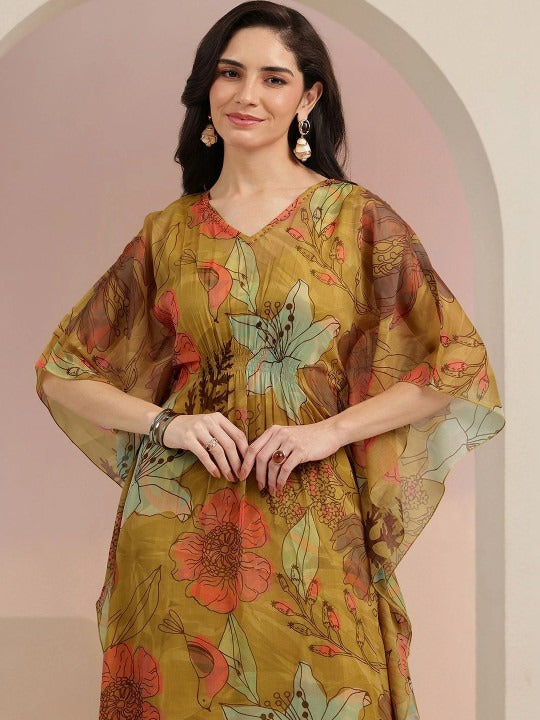 Mustard Floral Printed 3 Piece Chiffon Kaftan Kurta Set