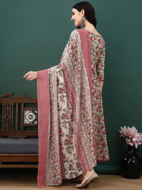 Floral Printed Pure Cotton Anarkali Kurta With Trousers & Dupatta