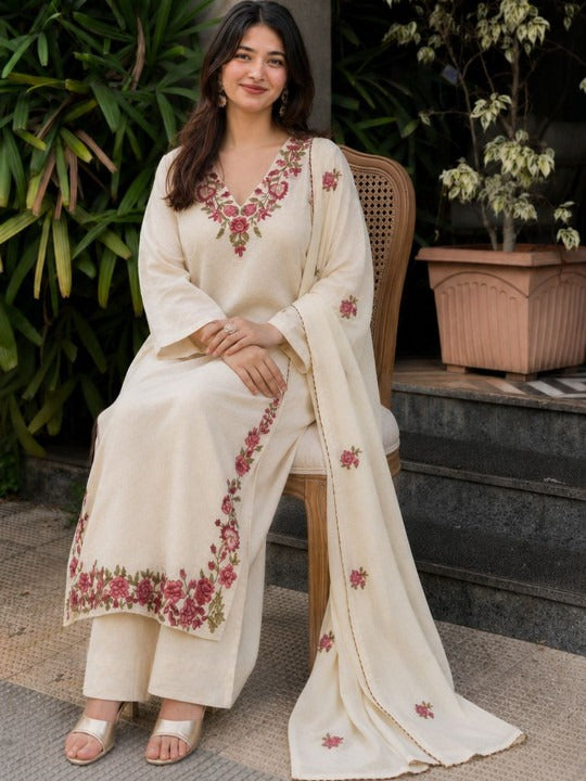 Women Floral Embroidered Regular Thread Work Kurta with Palazzos & With Dupatta