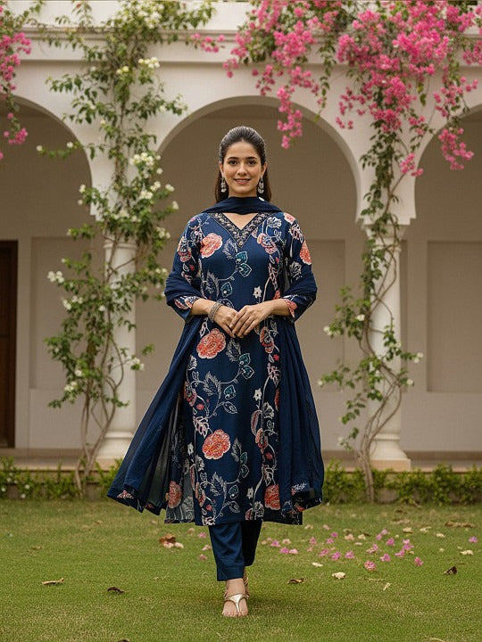 Women Floral Printed Regular Kurta with Trousers & With Dupatta