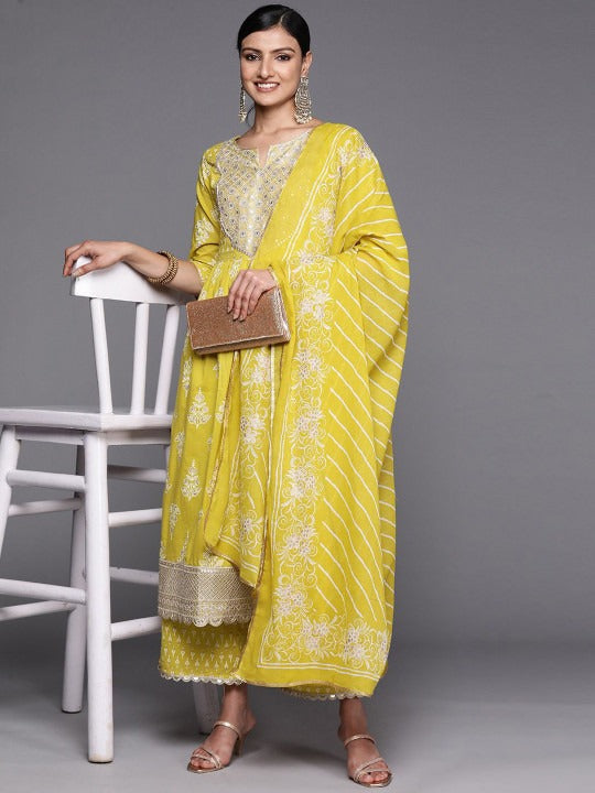 Women Floral Printed Sequinned Work High Slit Kurta with Palazzos & Dupatta