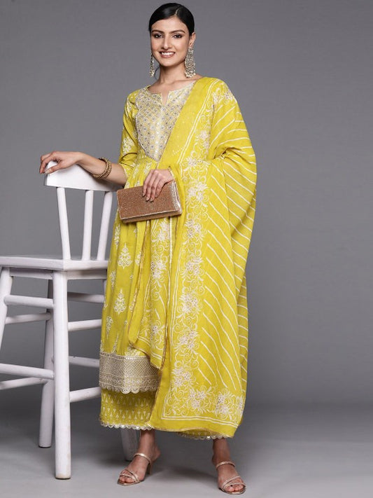 Women Floral Printed Sequinned Work High Slit Kurta with Palazzos & Dupatta