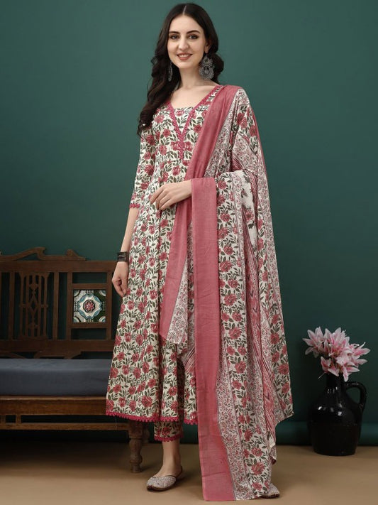 Floral Printed Pure Cotton Anarkali Kurta With Trousers & Dupatta