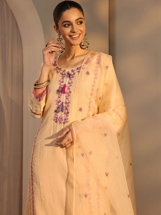 Women Ethnic Motifs Embroidered Regular Chanderi Cotton Kurta with Trousers & With Dupatta