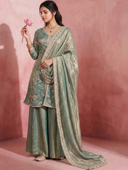 Women Ethnic Motifs Embroidered Regular Pure Silk Kurta with Sharara & With Dupatta