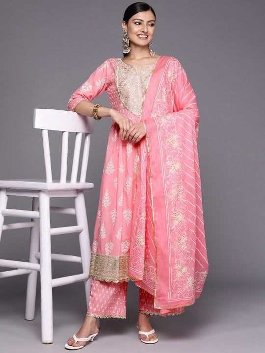 Womens Pink Yoke Design Cotton Anarkali Kurta With Palazzos & Dupatta