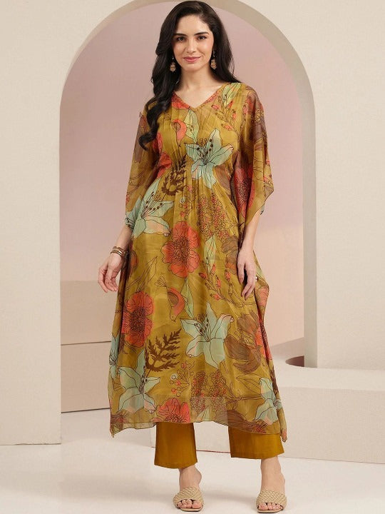 Mustard Floral Printed 3 Piece Chiffon Kaftan Kurta Set