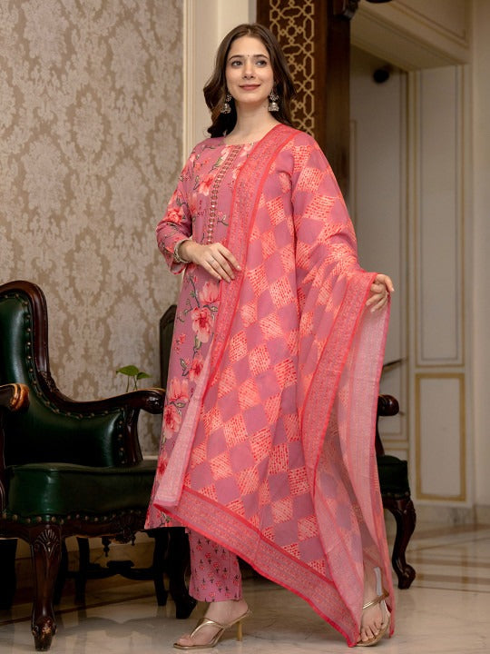 Floral Printed Mirror Work Straight Kurta With Trousers & Dupatta