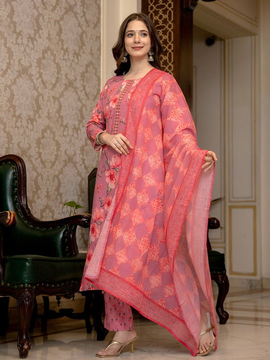 Floral Printed Mirror Work Straight Kurta With Trousers & Dupatta