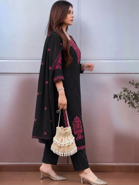 Women Ethnic Motifs Embroidered Regular Thread Work Kurta with Trousers & With Dupatta