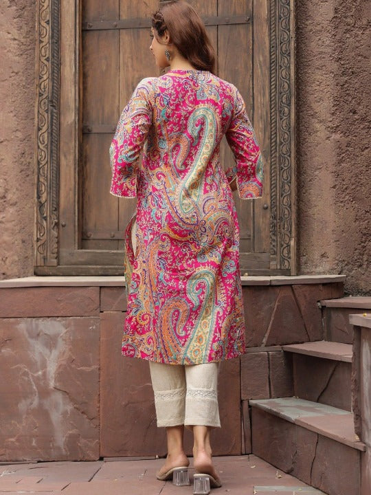 Multi coloured Paisley Printed V-Neck Cotton Kurta