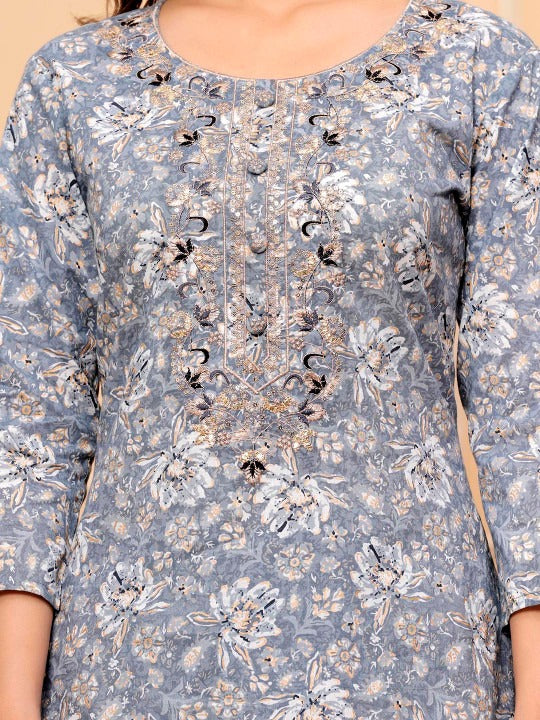 Floral Embroidered Sequinned Round Neck Pure Cotton Kurta With Trousers & Dupatta