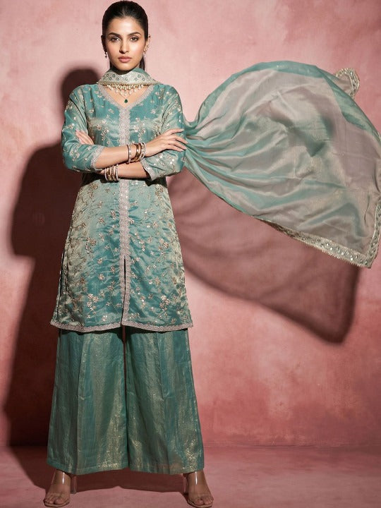 Women Ethnic Motifs Embroidered Regular Pure Silk Kurta with Sharara & With Dupatta