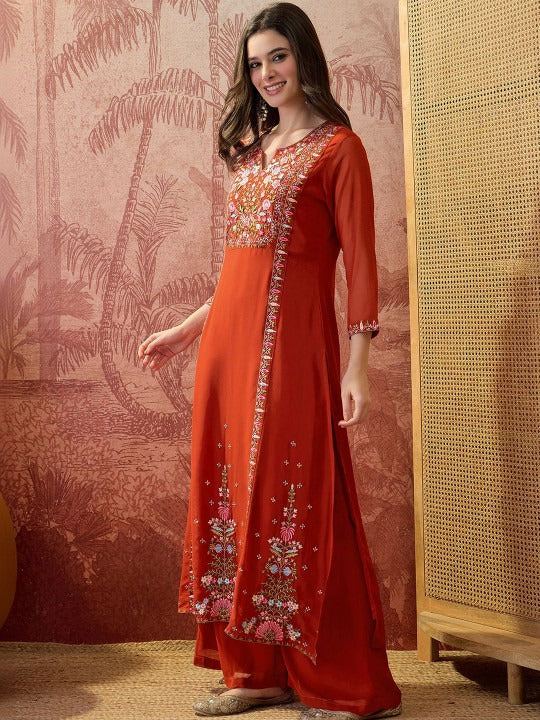 Embroidered Round Neck Kurta & Palazzos
