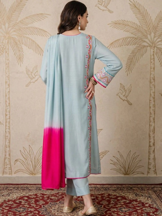 Women Floral Embroidered Regular Thread Work Kurta with Trousers & With Dupatta