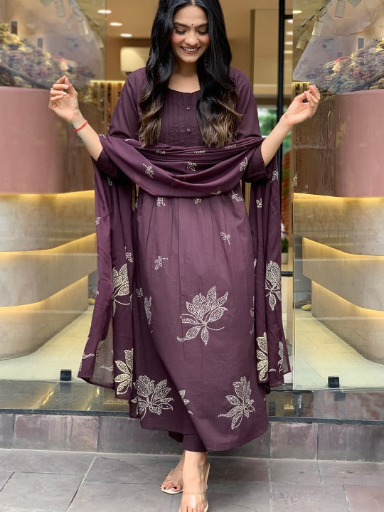 Maroon Printed Kurta with Trousers with Dupatta