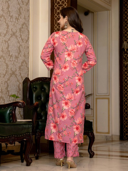 Floral Printed Mirror Work Straight Kurta With Trousers & Dupatta