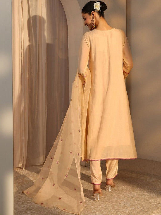 Women Ethnic Motifs Embroidered Regular Chanderi Cotton Kurta with Trousers & With Dupatta