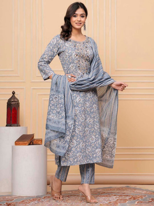 Floral Embroidered Sequinned Round Neck Pure Cotton Kurta With Trousers & Dupatta