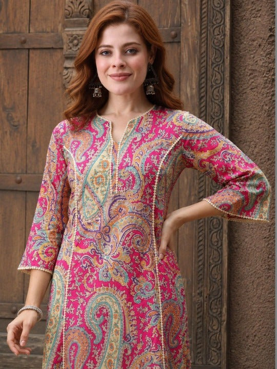 Multi coloured Paisley Printed V-Neck Cotton Kurta