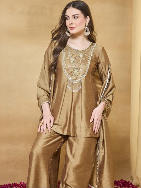 Colors of Earth Silk Embroidered Beadswork Peplum Kurti And Sharara Set With Dupatta