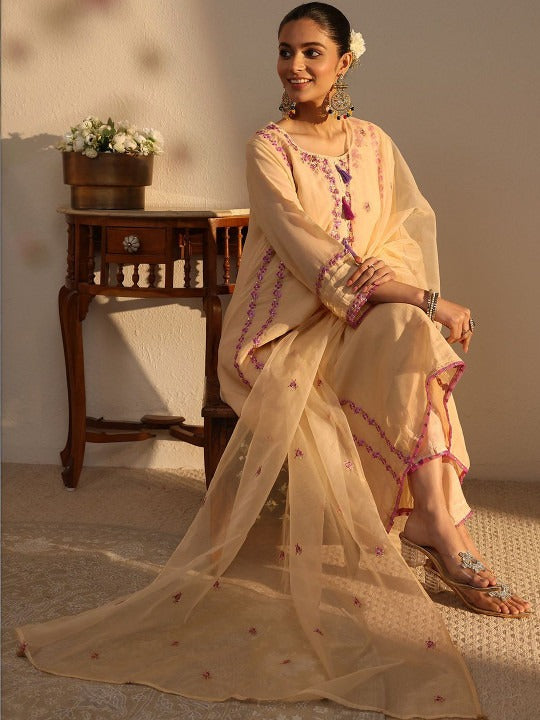 Women Ethnic Motifs Embroidered Regular Chanderi Cotton Kurta with Trousers & With Dupatta