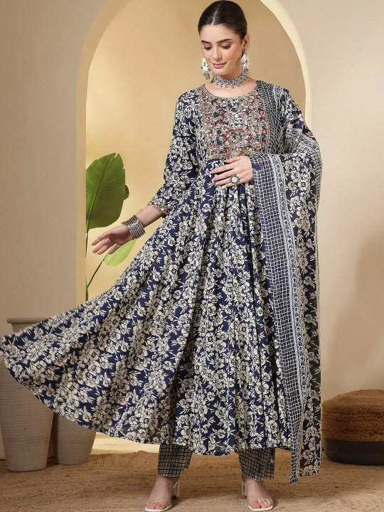 Blue Printed Anarkali Kurta Set with Palazzos & Dupatta