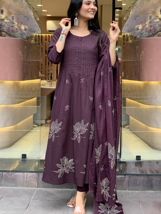 Maroon Printed Kurta with Trousers with Dupatta