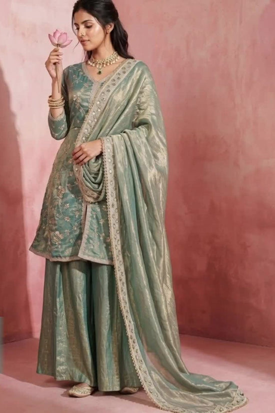 Women Ethnic Motifs Embroidered Regular Pure Silk Kurta with Sharara & With Dupatta
