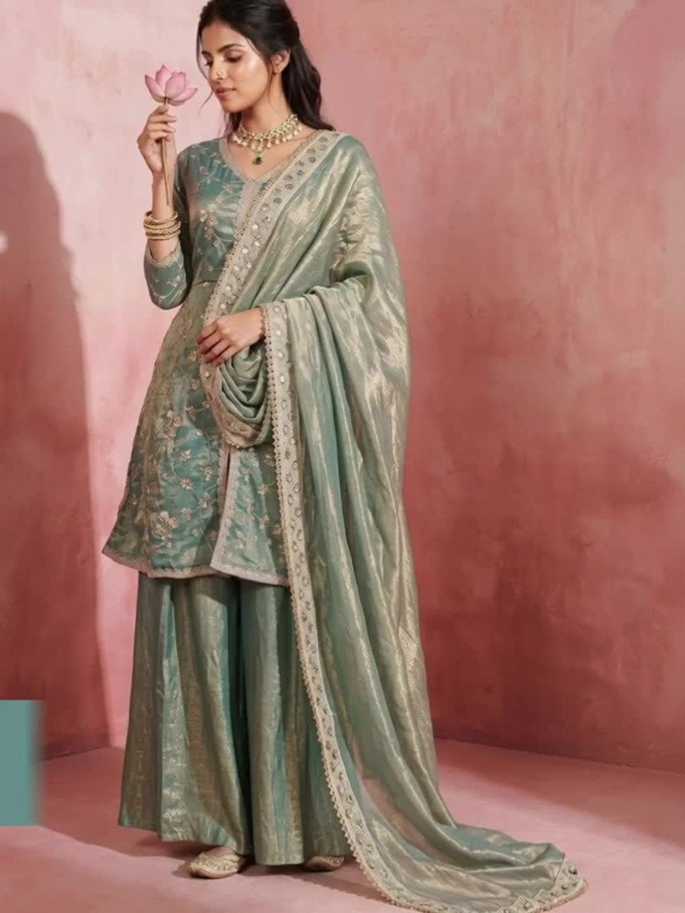 Women Ethnic Motifs Embroidered Regular Pure Silk Kurta with Sharara & With Dupatta