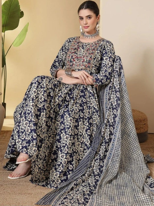 Blue Printed Anarkali Kurta Set with Palazzos & Dupatta
