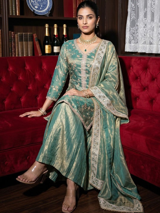 Women Ethnic Motifs Embroidered Regular Pure Silk Kurta with Sharara & With Dupatta