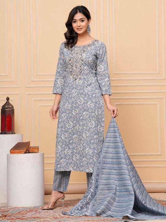 Floral Embroidered Sequinned Round Neck Pure Cotton Kurta With Trousers & Dupatta
