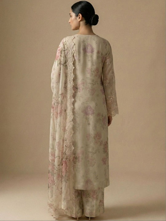 Women Floral Embroidered Regular Beads and Stones Silk Chiffon Kurta with Palazzos & With Dupatta