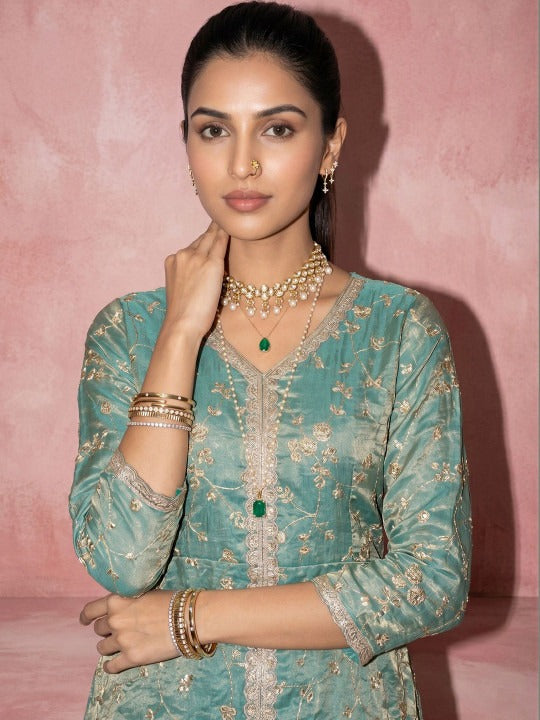 Women Ethnic Motifs Embroidered Regular Pure Silk Kurta with Sharara & With Dupatta