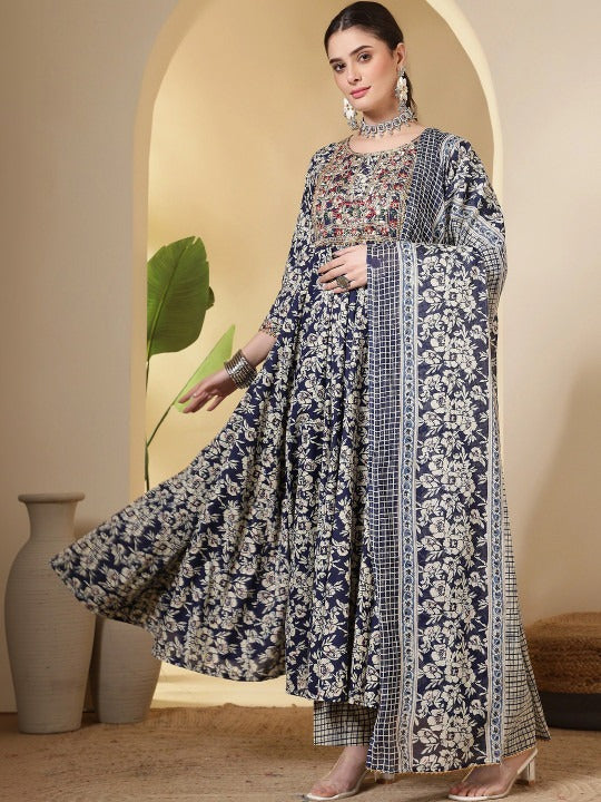 Blue Printed Anarkali Kurta Set with Palazzos & Dupatta