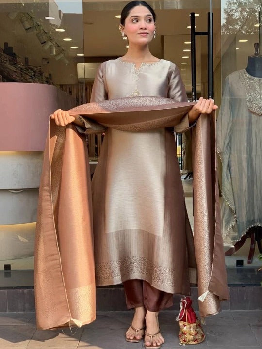 Rose Gold Embroidered Straight Kurta Set with Trousers & Dupatta