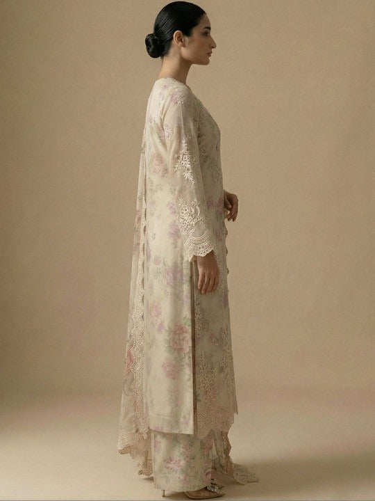 Women Floral Embroidered Regular Beads and Stones Silk Chiffon Kurta with Palazzos & With Dupatta