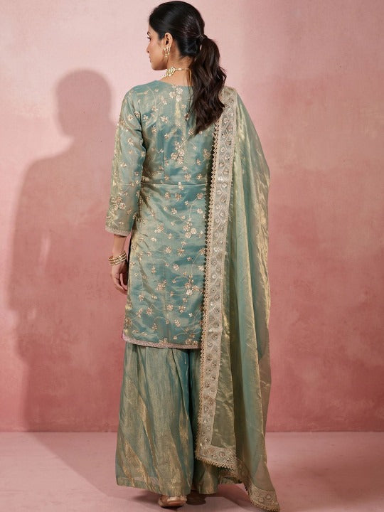 Women Ethnic Motifs Embroidered Regular Pure Silk Kurta with Sharara & With Dupatta