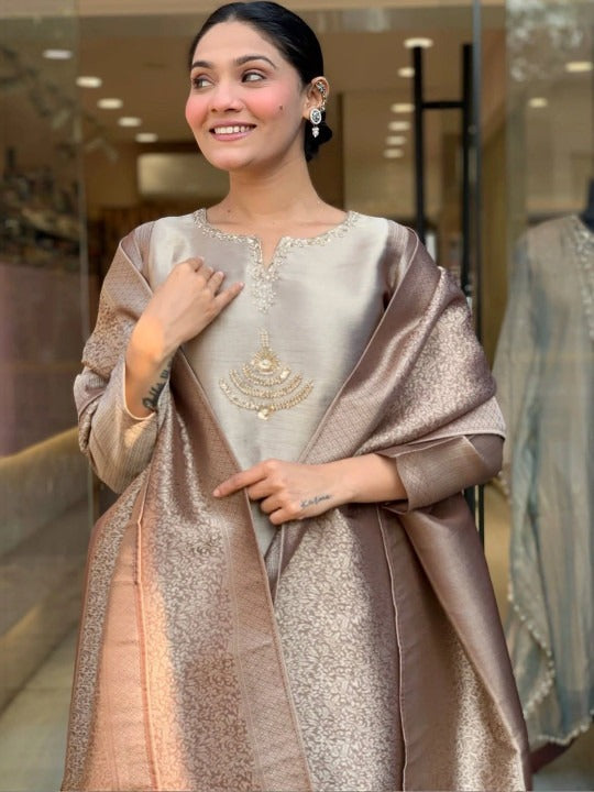 Rose Gold Embroidered Straight Kurta Set with Trousers & Dupatta