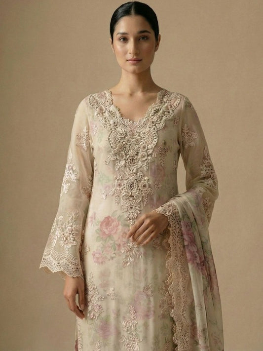 Women Floral Embroidered Regular Beads and Stones Silk Chiffon Kurta with Palazzos & With Dupatta